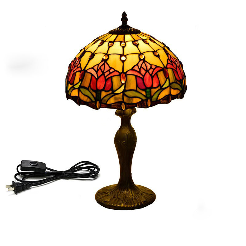 Traditional Tiffany Stained Glass Red Tulip Dome Aluminum Base 1-Light Table Lamp For Bedroom