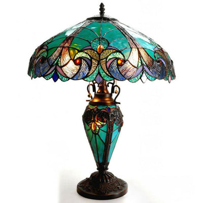 Traditional Tiffany Stained Glass Green Peacock 1-Light Table Lamp For Living Room