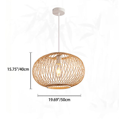 Traditional Japanese Weaving Bamboo Iron Ball Lantern 1-Light Pendant Light For Dining Room