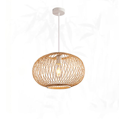 Traditional Japanese Weaving Bamboo Iron Ball Lantern 1-Light Pendant Light For Dining Room