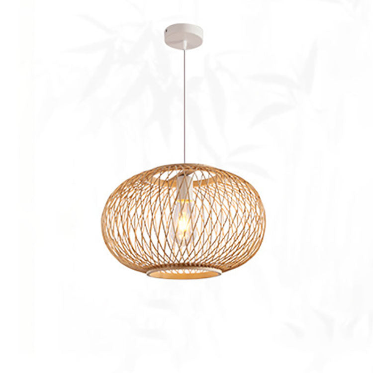 Traditional Japanese Weaving Bamboo Iron Ball Lantern 1-Light Pendant Light For Dining Room