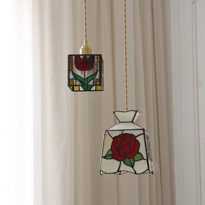 Traditional Tiffany Square Tulip Red Rose Rubik's Cube Brass Stained Glass 1-Light Pendant Light For Living Room