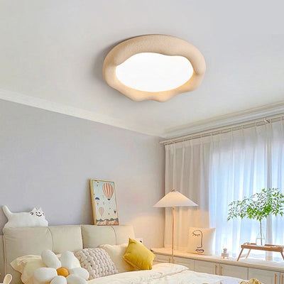 Modern Minimalist Cream Round Iron Fiberglass LED Flush Mount Ceiling Light For Living Room