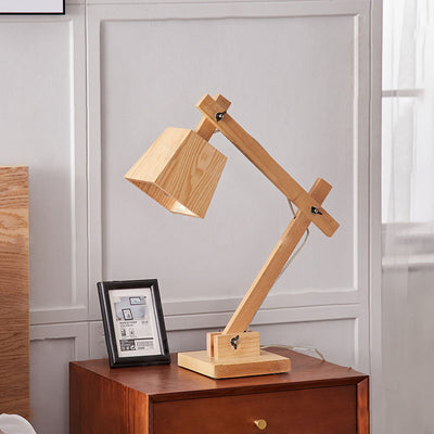 Traditional Japanese Solid Wood Trapezoidal Adjustable 1-Light Table Lamp For Study