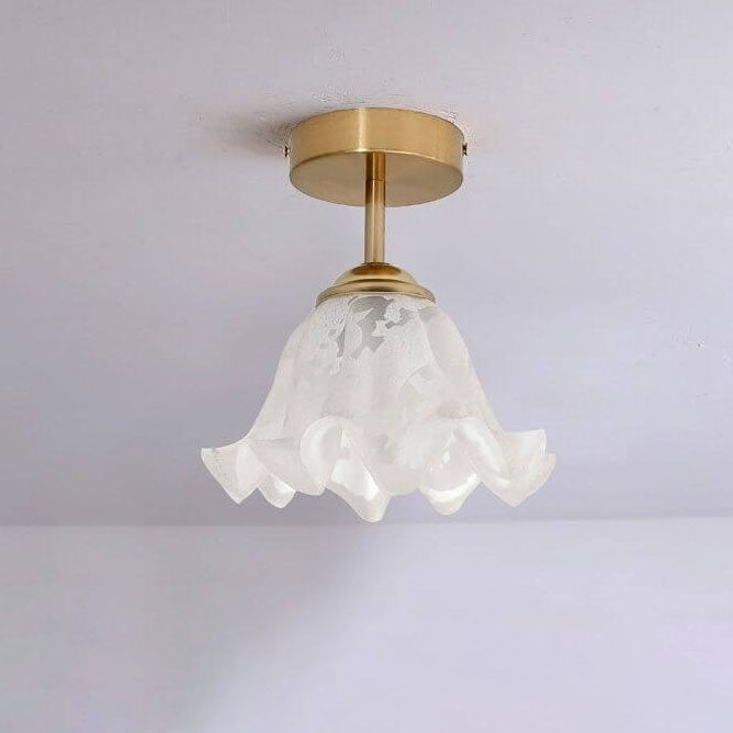 Nordic Retro Brass Glass Flower Lampshade 1-Light Semi-Flush Mount Ceiling Light