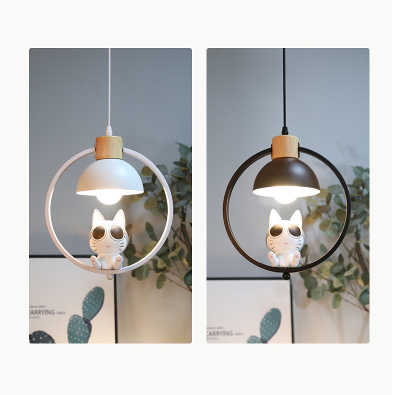 Contemporary Nordic Wood Iron Resin Round Cartoon Cat 1-Light Pendant Light For Bedside