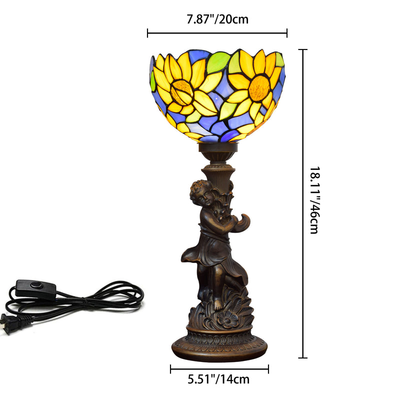 Traditional Tiffany Resin Glass Hemispheric Sunflower Boy 1-Light Table Lamp For Bedside