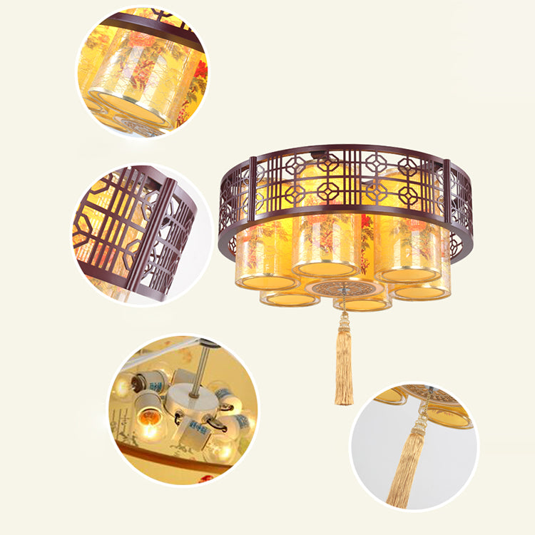 Traditional Chinese Iron Wood PVC Round Cylinder Printed 7/9/11 Light Chandeliers For Dining Room