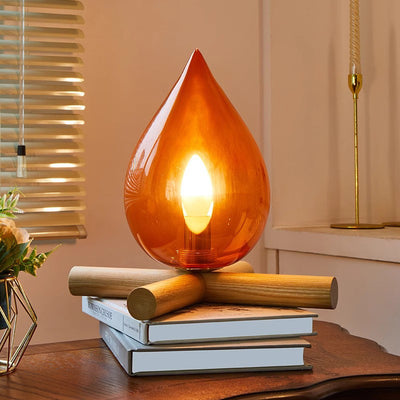 Contemporary Creative Flame Fire Pile Solid Wood Glass 1-Light Table Lamp For Bedroom