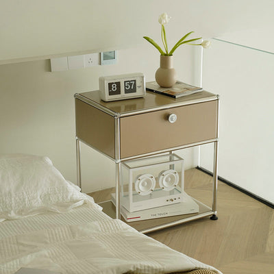 Modern Minimalist Square Frame Stainless Steel Plastic Vacuum Board Nightstand 1-Drawer For Bedroom