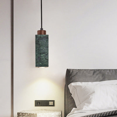 Modern Minimalist Rectangular Solid Wood Marble 1-Light Pendant Light For Bedroom