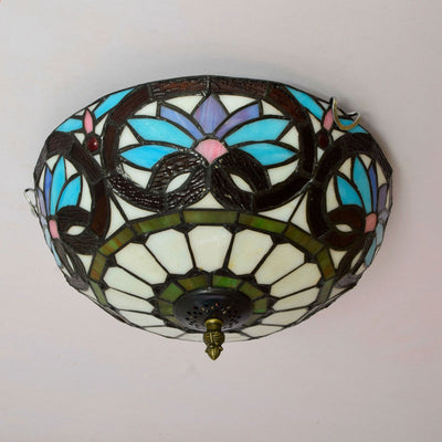 Traditional Tiffany Dome Iron Glass 2-Light Flush Mount Light For Living Room