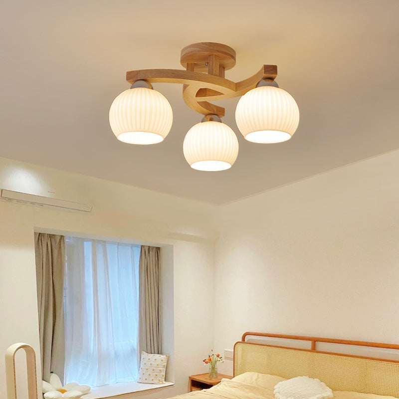 Traditional Japanese Solid Wood Striped Glass Round Shade Branch 3/4/6 Light Semi-Flush Mount Ceiling Light For Living Room