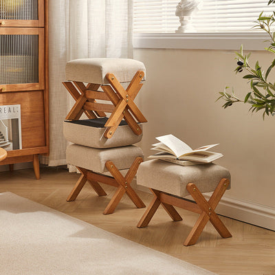 Contemporary Simplicity Wood Linen X-Shaped Legs Footstool Backless Armless For Entryways