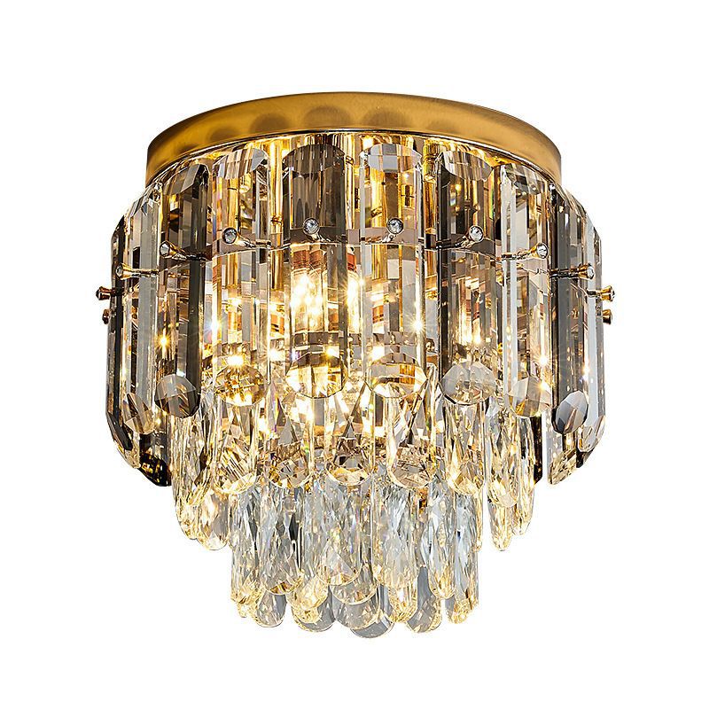 Modern Luxury Art Deco Round Crystal Gold 3-Light Flush Mount Ceiling Light For Hallway