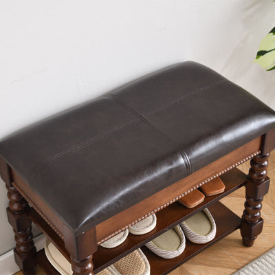 Traditional European Rectangular Wood Leather Vanity Stool Backless Armless For Living Room