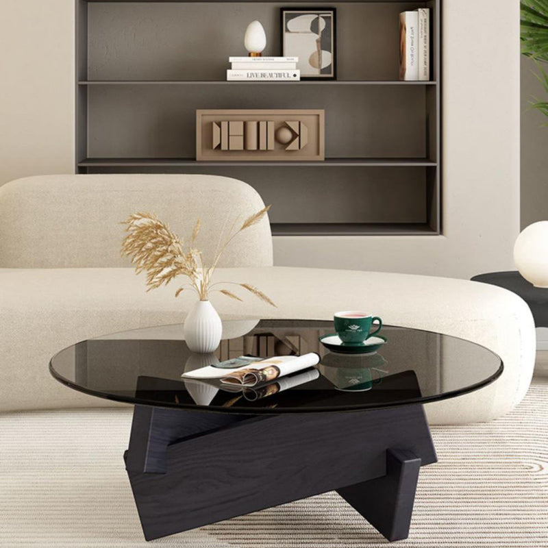 Contemporary Scandinavian Glass Triangular Wooden Base Coffee Table For Living Room