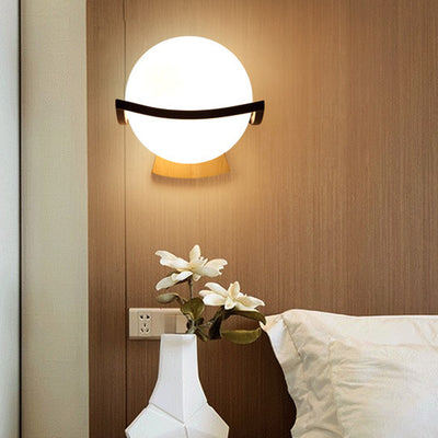 Modern Minimalist Spherical Wood Glass 1-Light Wall Sconce Lamp For Bedroom