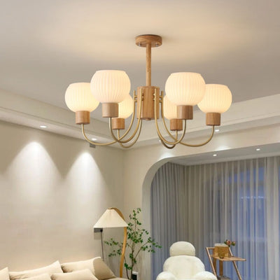 Modern Minimalist Branch Round Solid Wood Glass Hardware 6/8 Light Chandelier For Living Room