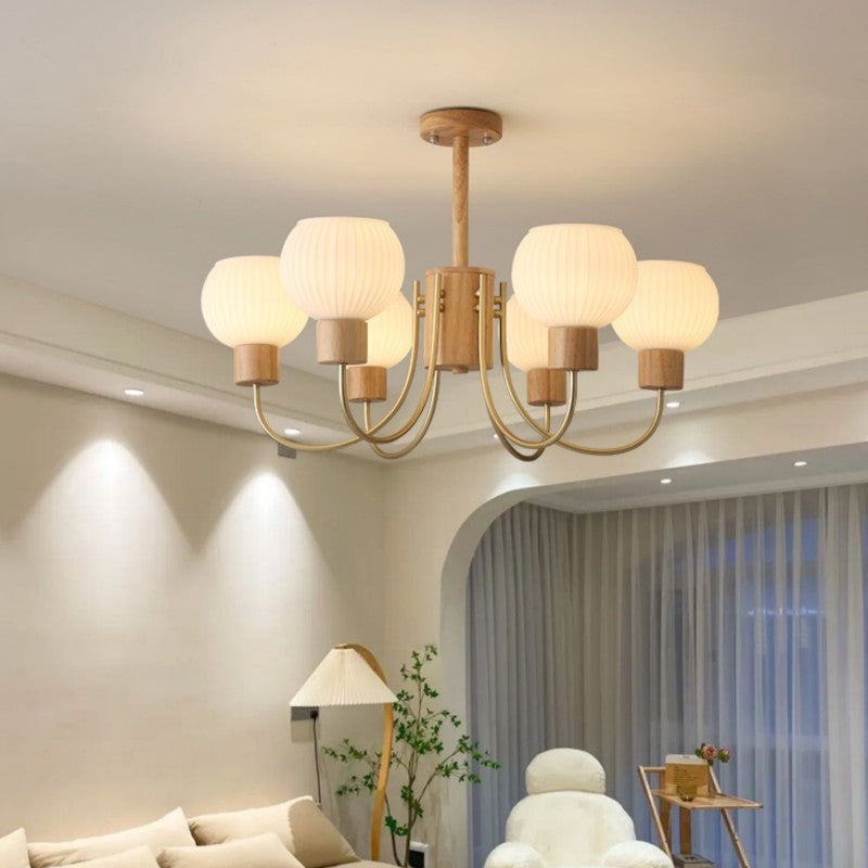 Modern Minimalist Branch Round Solid Wood Glass Hardware 6/8 Light Chandelier For Living Room