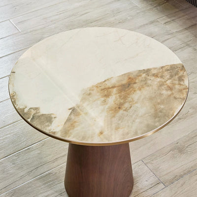 Modern Minimalist Round Cylinder Base Rock Slab Metal Frame Coffee Table For Living Room