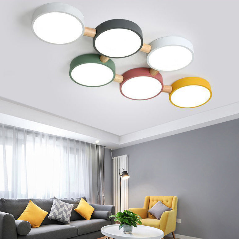 Contemporary Scandinavian Macaron Iron Geometric Round Shade Wood Splicing LED Flush Mount Ceiling Light For Bedroom