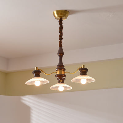 Traditional Vintage Brass Iron Ash Wood Glass Round Bowl 3/6/8 Light Chandeliers For Dining Room