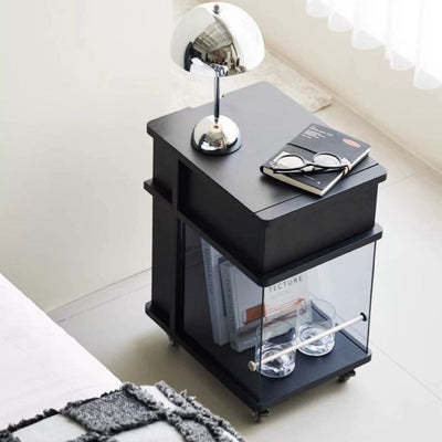 Modern Minimalist Square Frame Solid Wood Glass Stainless Steel Nightstand 1-Cabinet For Bedroom