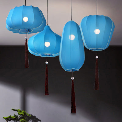 Traditional Chinese Lantern Fabric Iron 1-Light Pendant Light For Bedroom