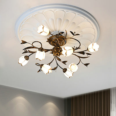 Traditional French Flower Shaped Iron Glass 4/6/8/10/12 Light Semi-Flush Mount Ceiling Light For Bedroom