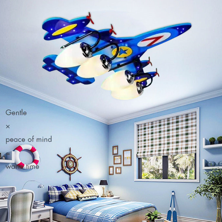 Contemporary Creative Wooden Airplane Acrylic 4-Light Flush Mount Ceiling Light For Bedroom