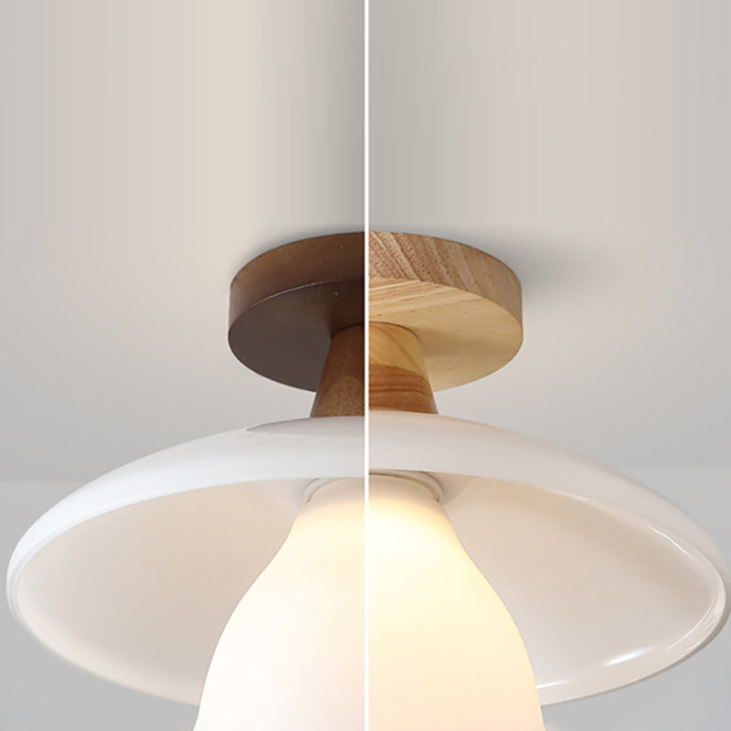 Modern Minimalist Round Cup Glass Wood 1-Light Semi-Flush Mount Ceiling Light For Living Room