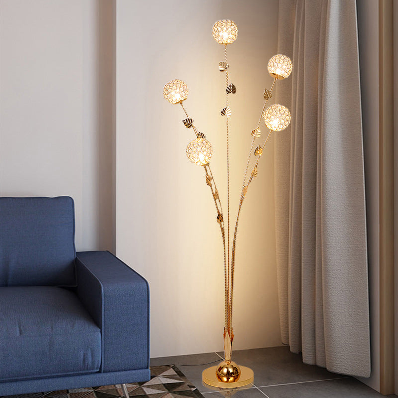 Modern Luxury Leaf Flower Globe Iron Aluminum 5-Light Standing Floor Lamp For Living Room