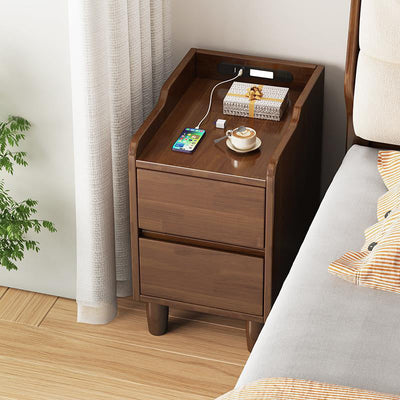 Modern Minimalist Rectangular Rubber Wood Nightstand 2-Drawer Sensor Light USB Charging For Bedroom