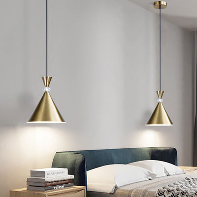 Modern Luxury Cone-Shaped Golden Finish Frame Crystal Decor 1-Light Pendant Light For Bedroom