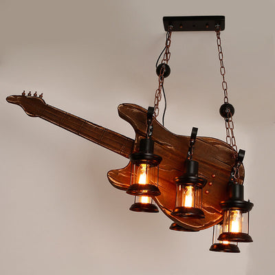 Traditional Farmhouse Wood Carving Guitar Shape Iron 6-Light Chandelier For Dining Room