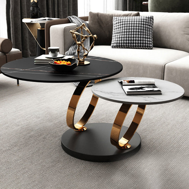 Contemporary Nordic Round Slab Stainless Steel Coffee Table 2-Shelf For Living Room