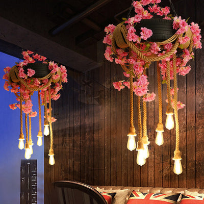 Contemporary Creative Tire Floral Decor Hemp Rope 6-Light Chandelier For Entertainment Rooms