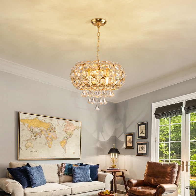 Traditional Luxury Round Iron Crystal 4-Light Chandelier For Living Room