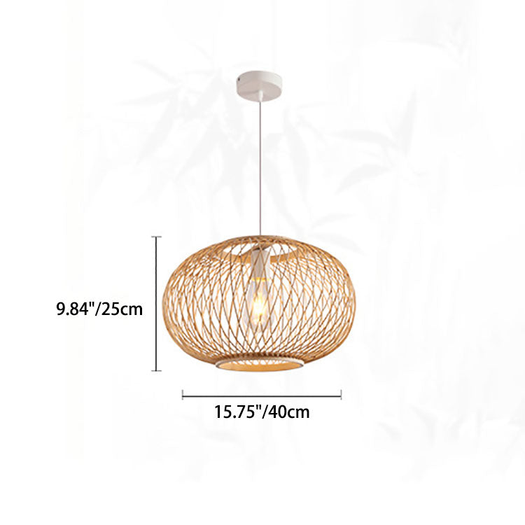 Traditional Japanese Weaving Bamboo Iron Ball Lantern 1-Light Pendant Light For Dining Room