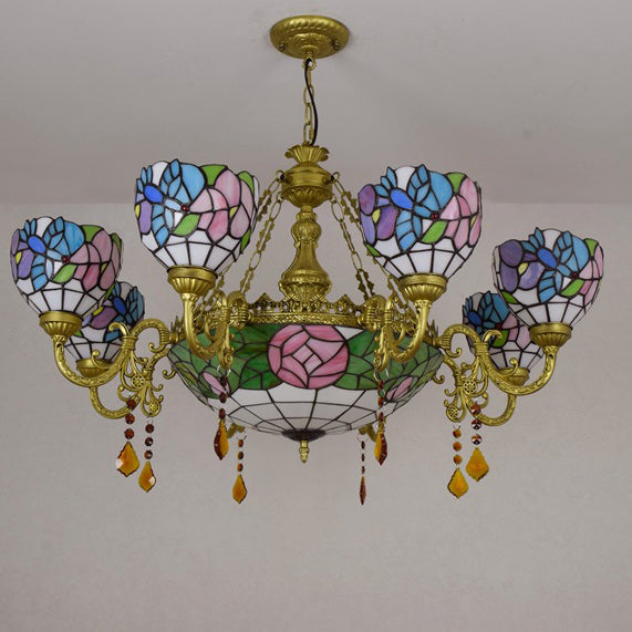 Traditional Tiffany Flower Dome Iron Glass Alloy 8/11 Light Chandeliers For Living Room