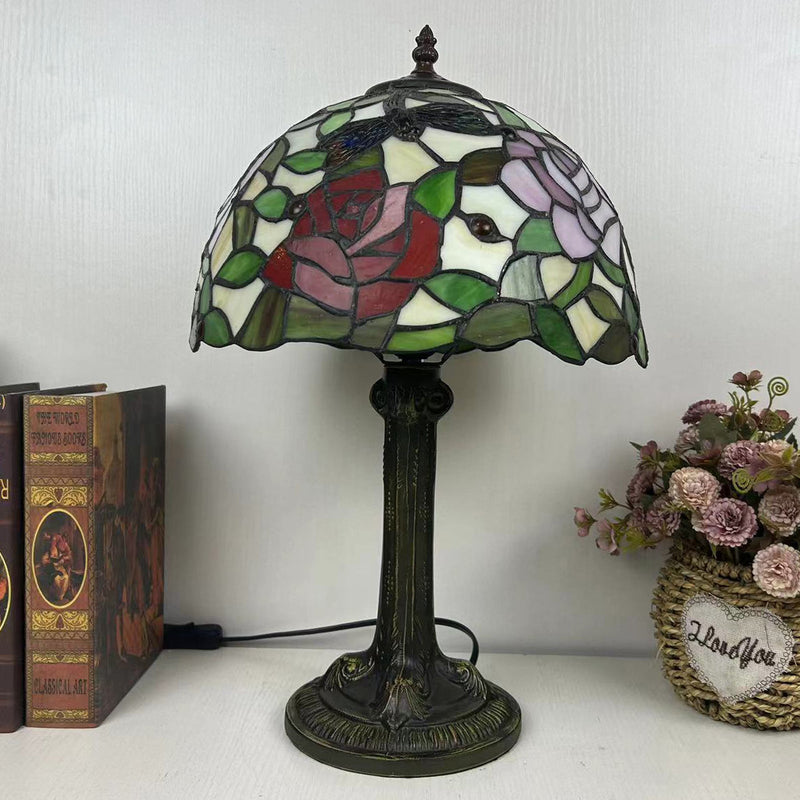 Traditional Tiffany Dome Flower Iron Glass 1-Light Table Lamp For Living Room