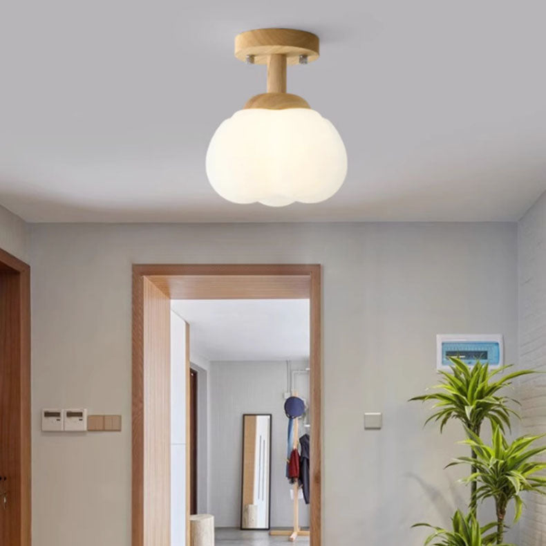 Modern Simplicity Rubber Wood PE Pumpkin Round 1-Light Semi-Flush Mount Ceiling Light For Hallway