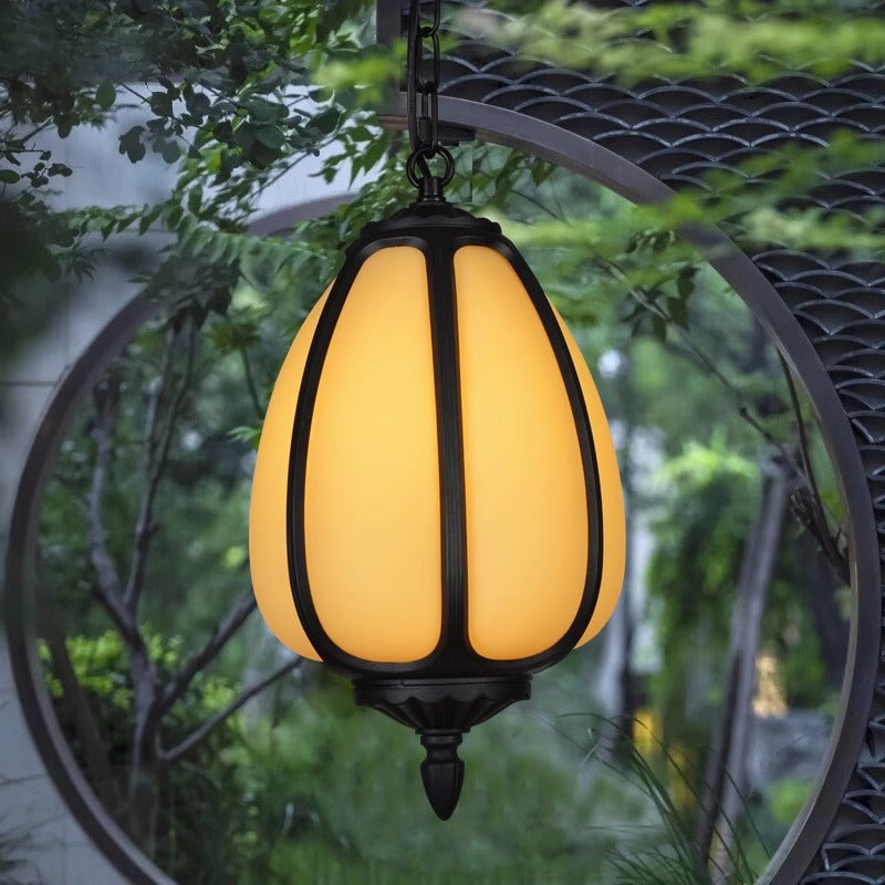 Lampe suspendue traditionnelle chinoise en aluminium imperméable à 1 lumière en forme de citrouille elliptique en dolomite pour patio extérieur 