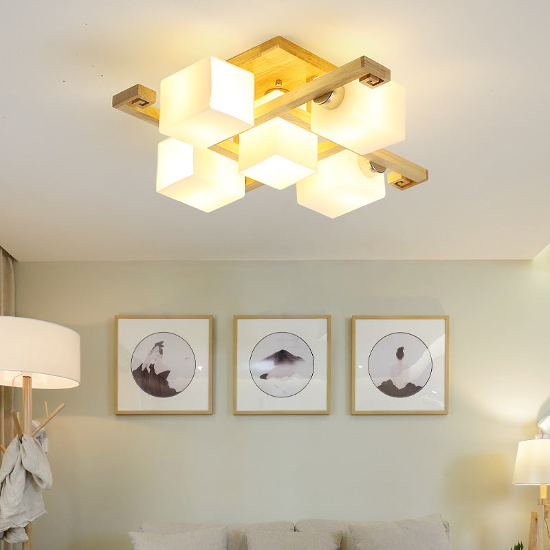 Traditional Japanese Wood Glass Cubic Square 4/5/8/9 Light Semi-Flush Mount Ceiling Light For Living Room