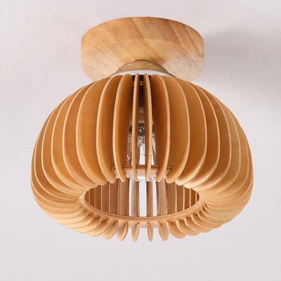 Traditional Japanese Iron Wood Round Grille 1-Light Semi-Flush Mount Ceiling Light For Hallway