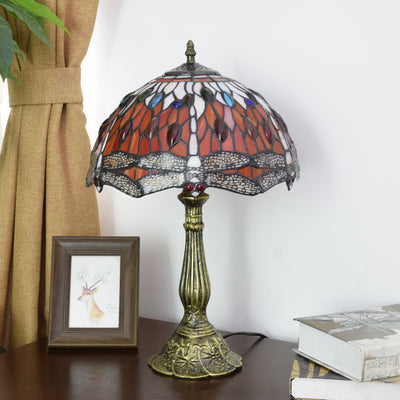 Traditional Tiffany Round Dome Dragonfly Aluminum Stained Glass 1-Light Table Lamp For Bedroom