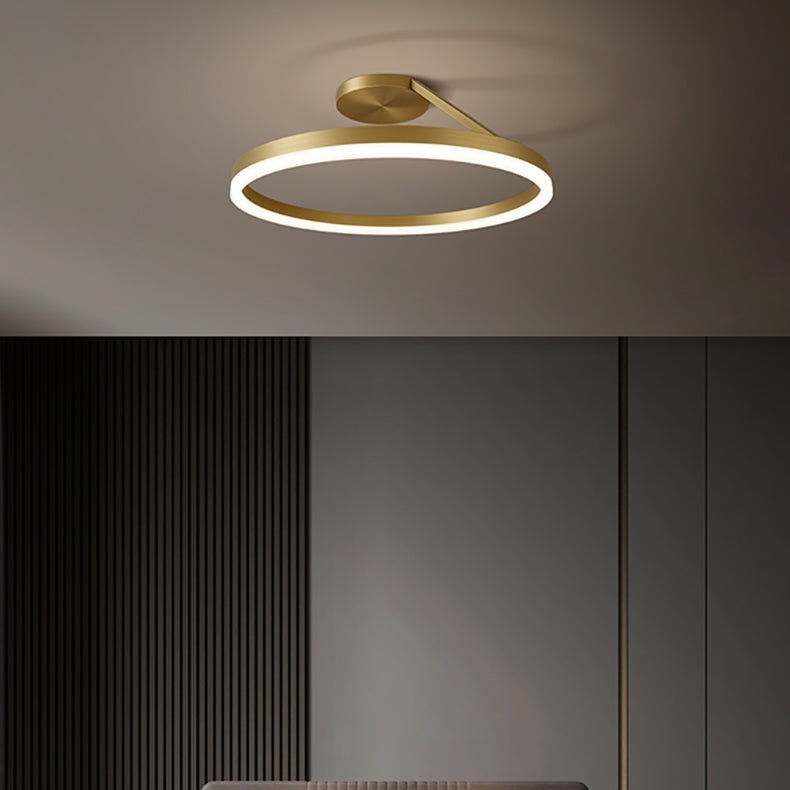 Modern Minimalist Full Copper Curved Line Round Shade LED Semi-Flush Mount Ceiling Light For Living Room