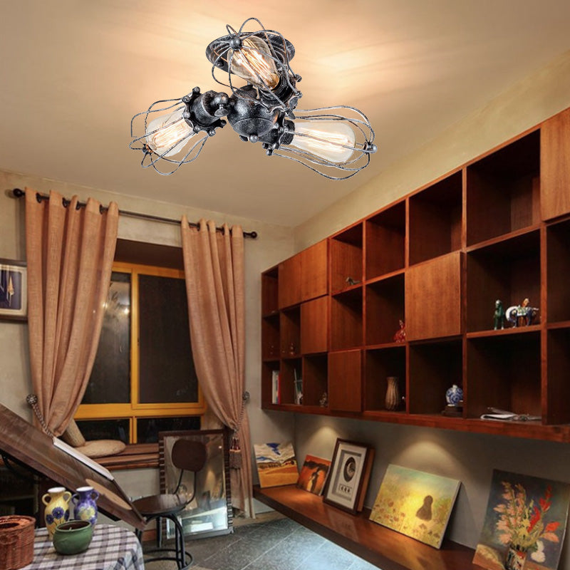 Contemporary Industrial Iron Cage Grill 3/4 Light Semi-Flush Mount Ceiling Light For Living Room