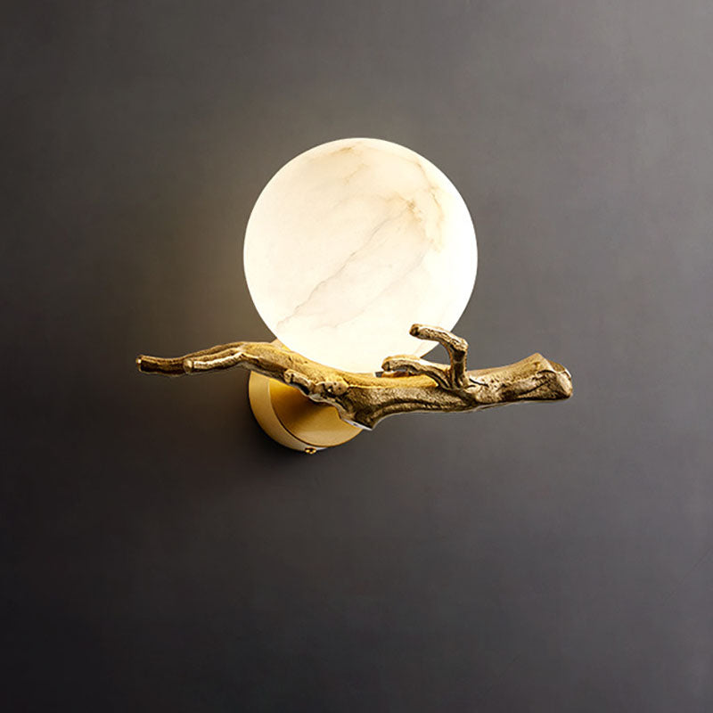 Traditional Chinese Twig Orb Brass Marble LED Wall Sconce Lamp For Living Room